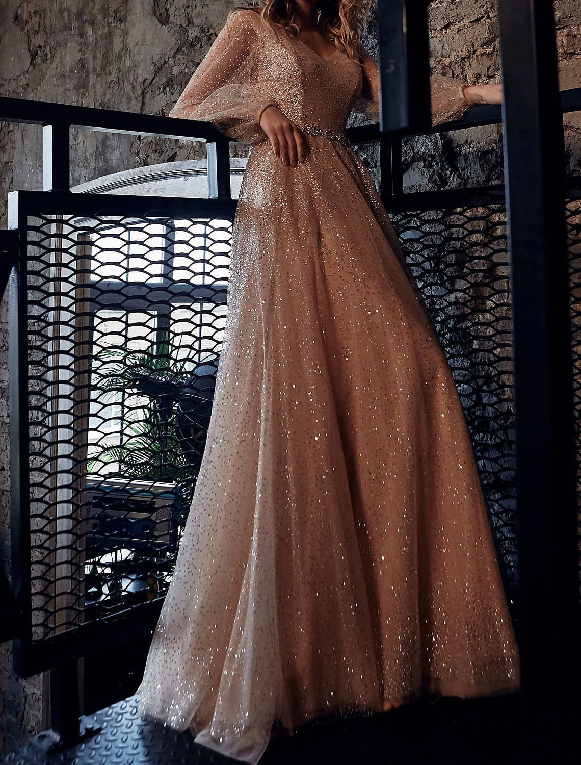 A-Line V-Neck Tulle Long Sleeve Floor-Length Evening Dress - Chloe Dress