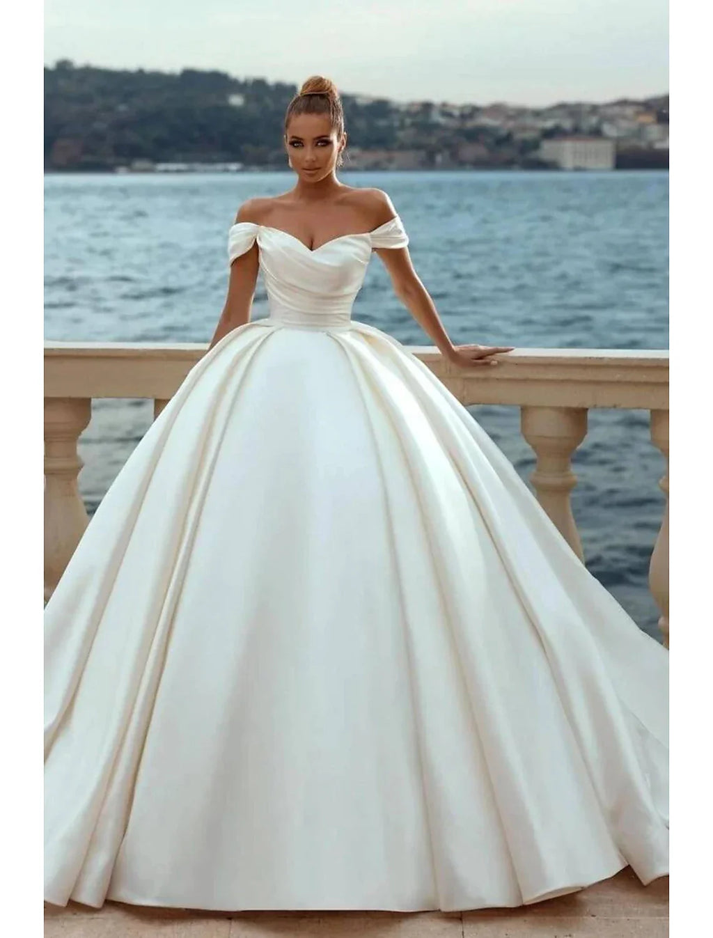 Ball Gown Off-Shoulder Satin Cap Sleeve Train Wedding Gown - Chloe Dress
