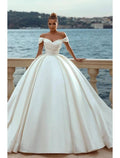 Ball Gown Off-Shoulder Satin Cap Sleeve Train Wedding Gown - Chloe Dress