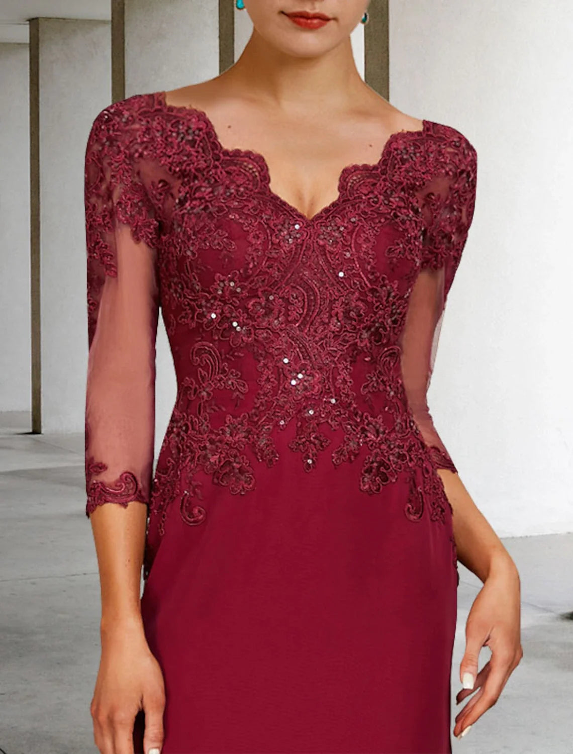Mermaid V-Neck Chiffon Three-Quarter Sleeve Train Dress - Chloe Dress