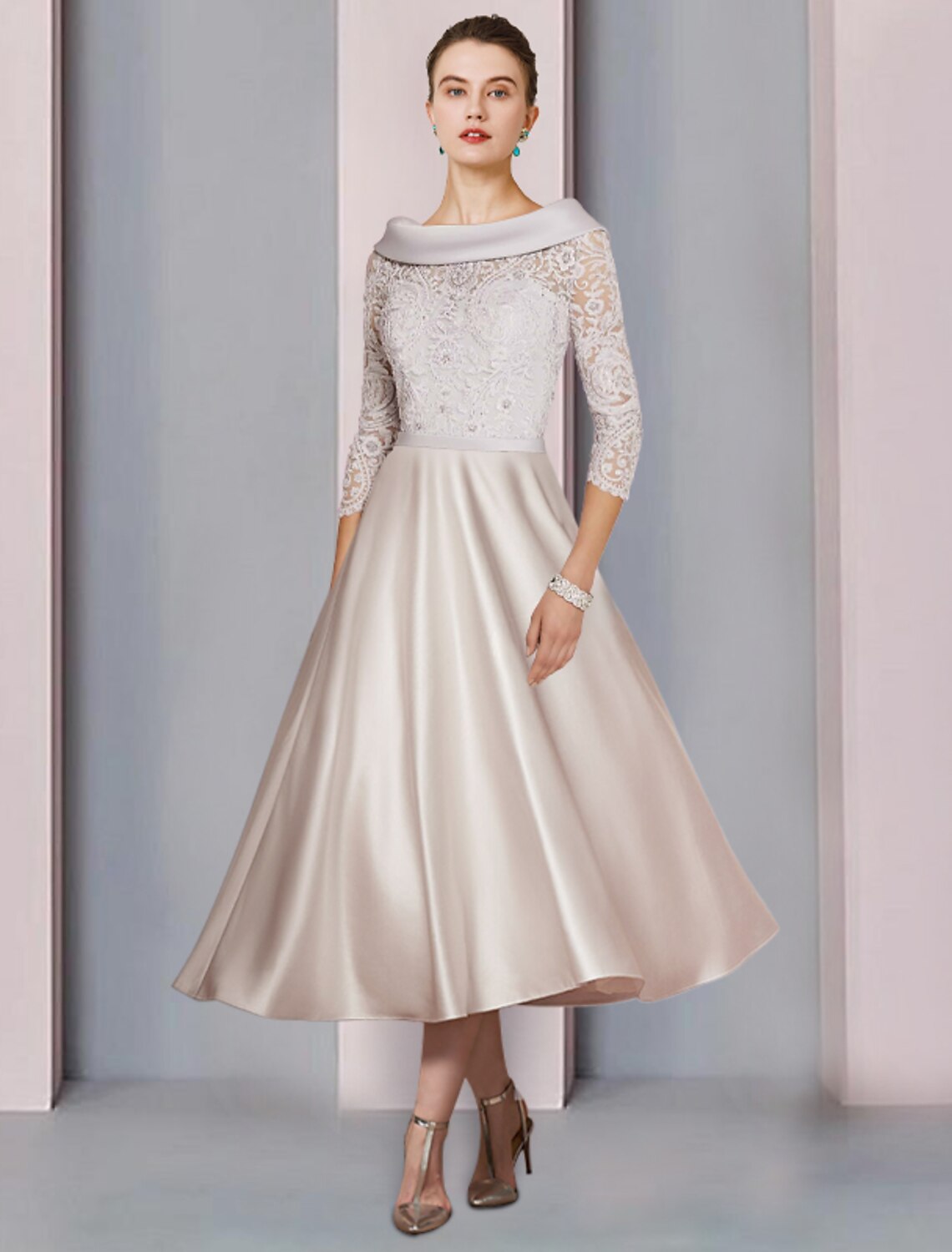 A-Line Cowl Neck Satin Three-Quarter Sleeve Applique Tea-Length Party Dress - Chloe Dress