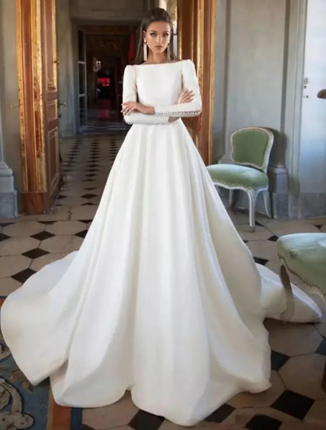 Ball Gown Satin Long Sleeve Button Back Pleated Wedding Gown - Chloe Dress