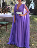 Black A-Line V-Neck Chiffon Long Sleeve Floor-Length Wedding Dress - Chloe Dress