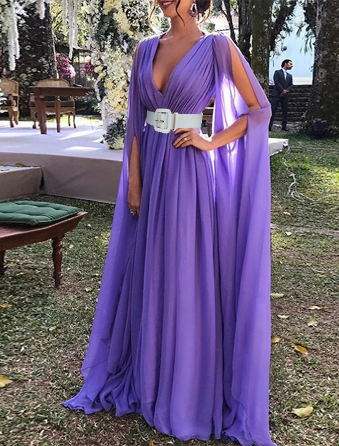 Black A-Line V-Neck Chiffon Long Sleeve Floor-Length Wedding Dress - Chloe Dress