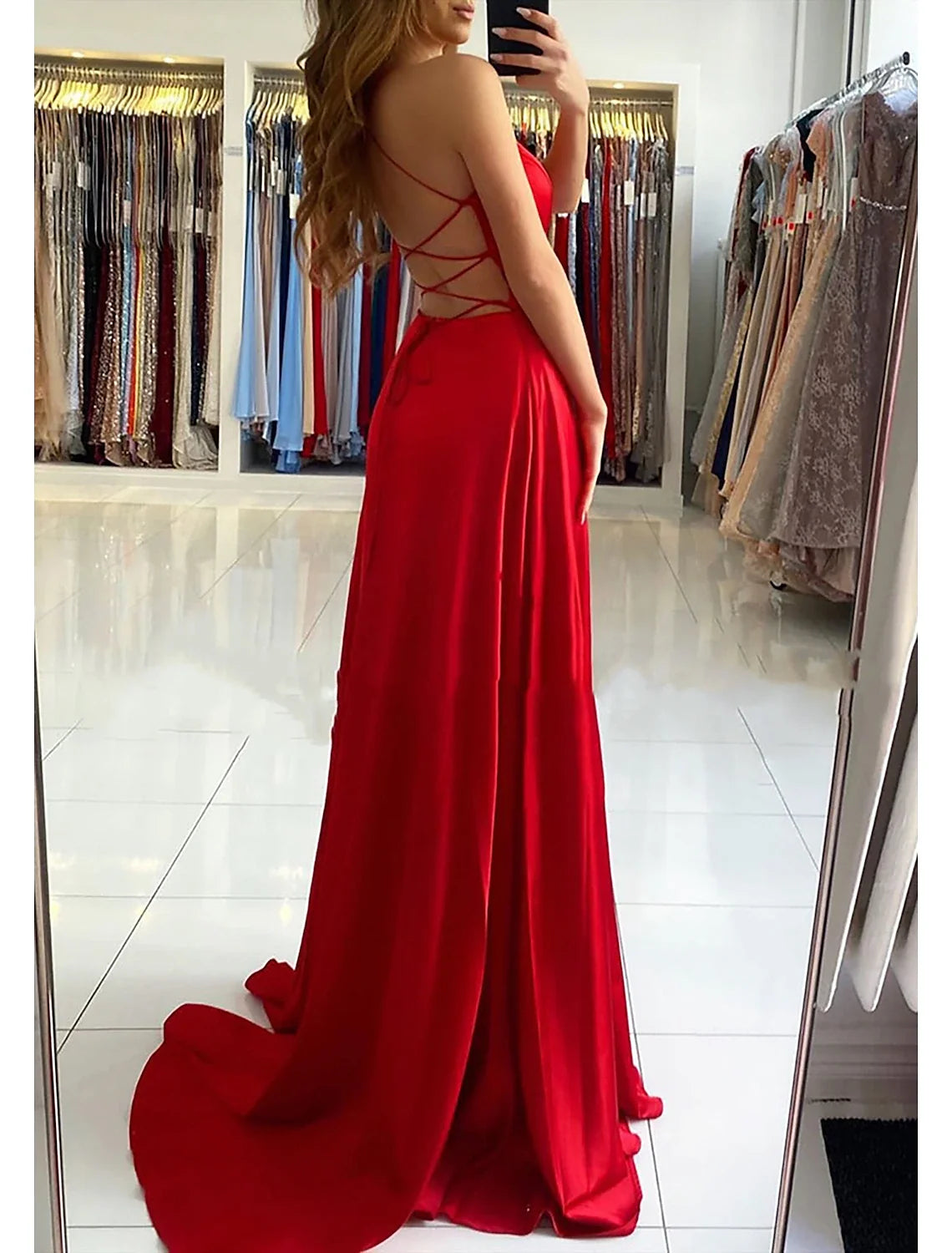 A-Line V-Neck Silk Sleeveless Backless High Slit Prom Dress - Chloe Dress
