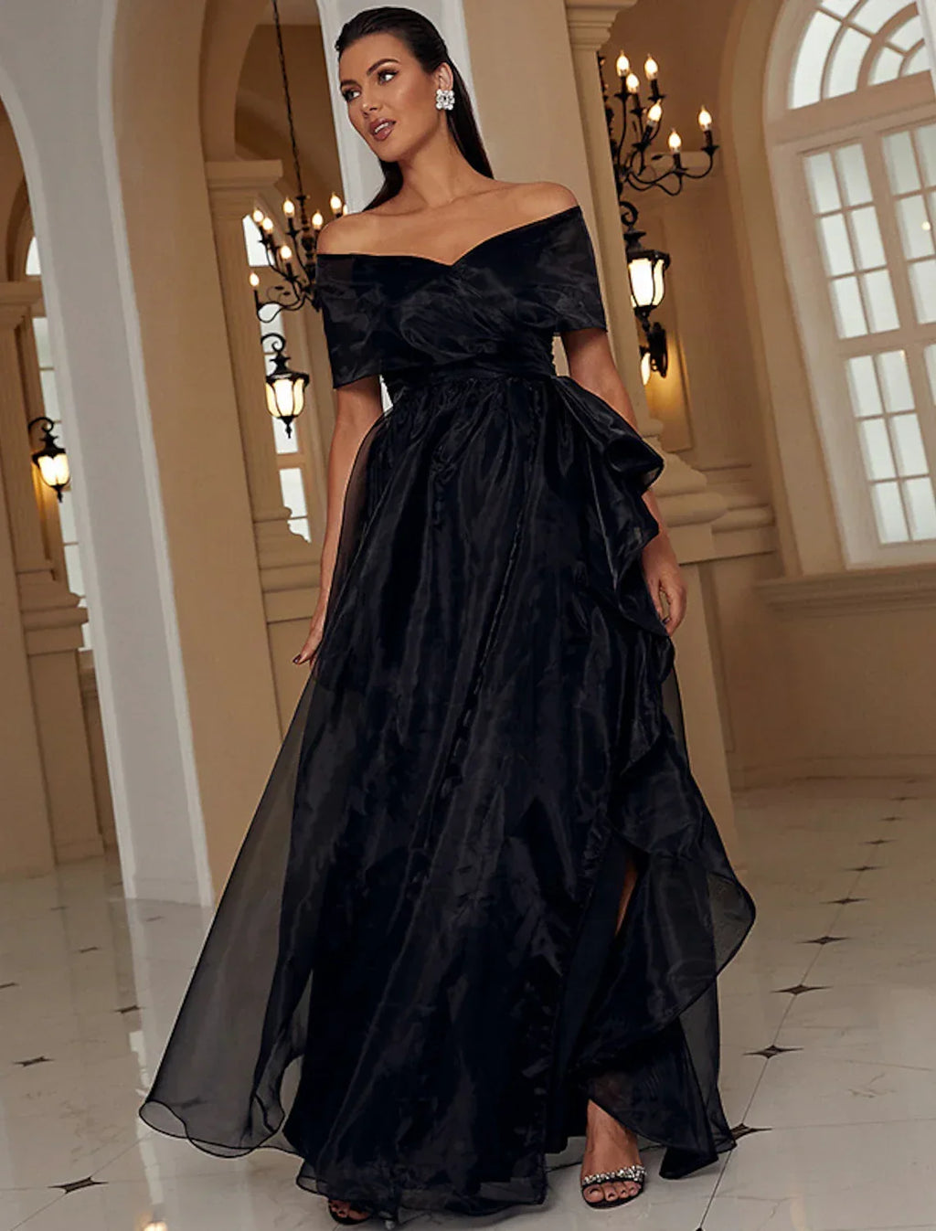A-Line Off-Shoulder Polyester Short Sleeve High Slit Floor-Length Evening Gown - Chloe Dress