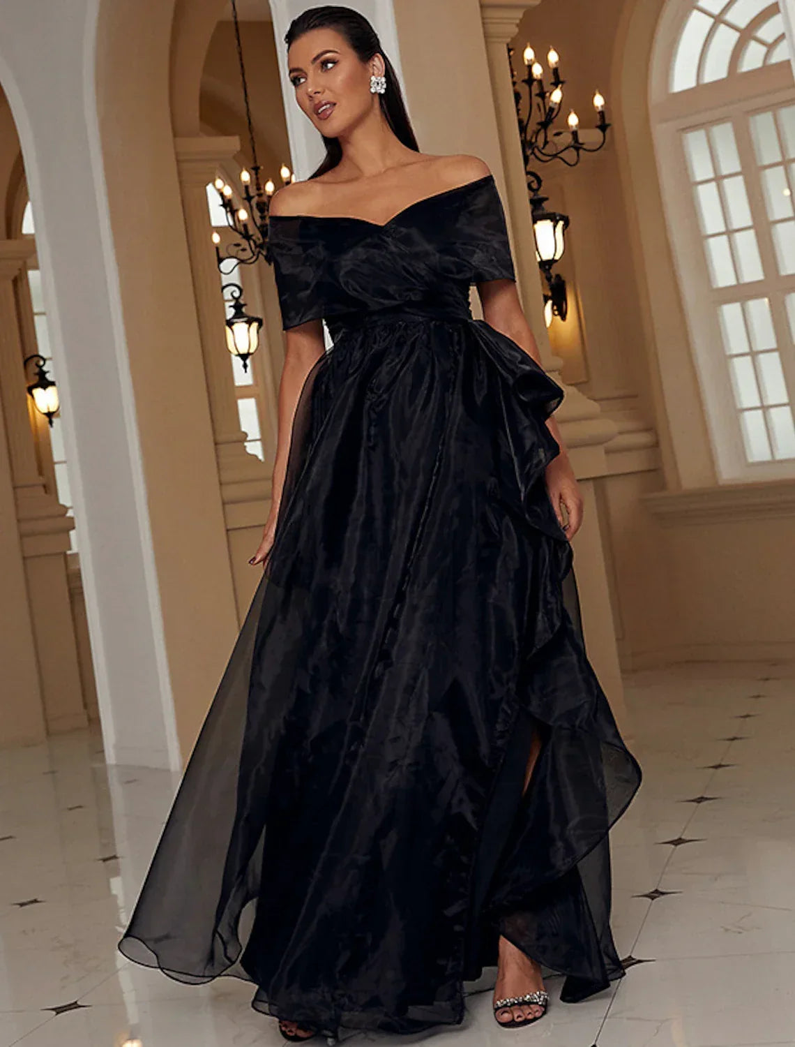 A-Line Off-Shoulder Polyester Short Sleeve High Slit Floor-Length Evening Gown - Chloe Dress