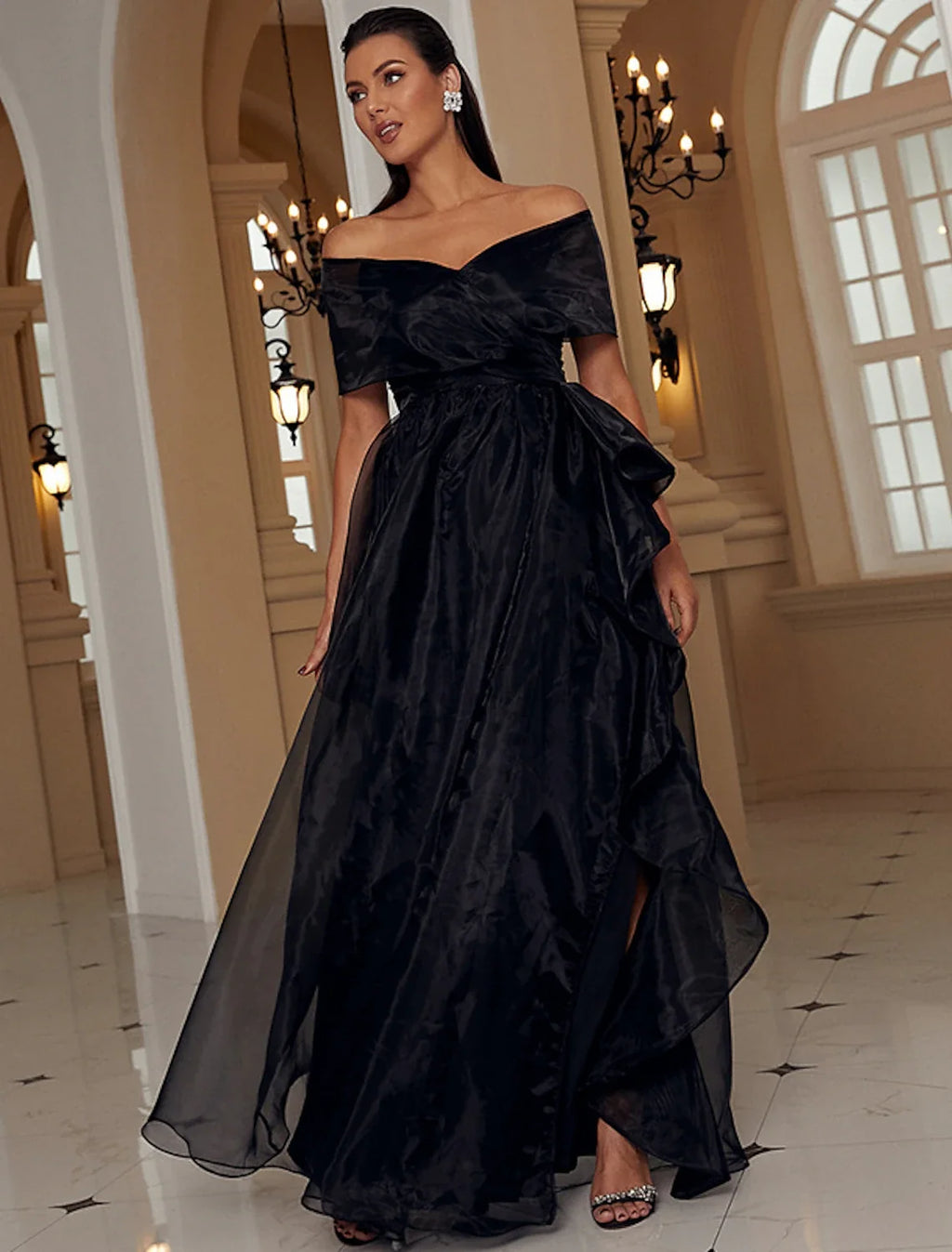 A-Line Off-Shoulder Polyester Short Sleeve High Slit Floor-Length Evening Gown - Chloe Dress
