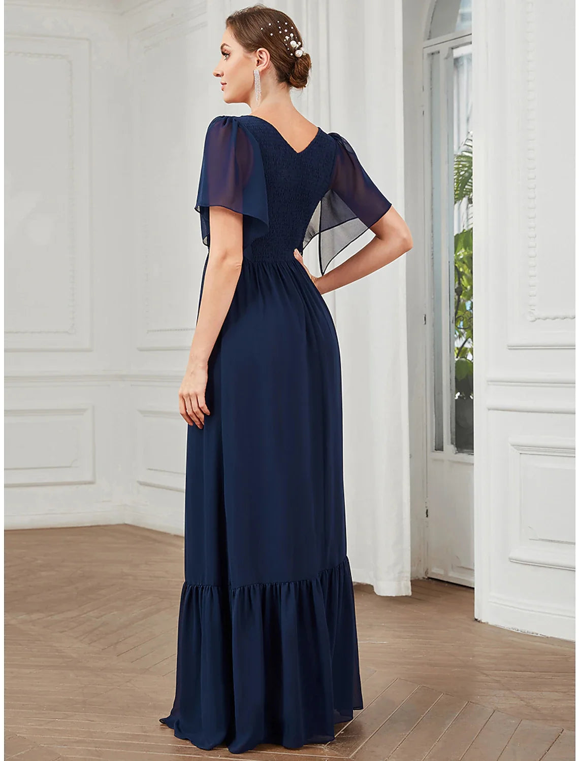 A-Line V-Neck Chiffon Short Sleeve Pleated Floor-Length Prom Dress - Chloe Dress