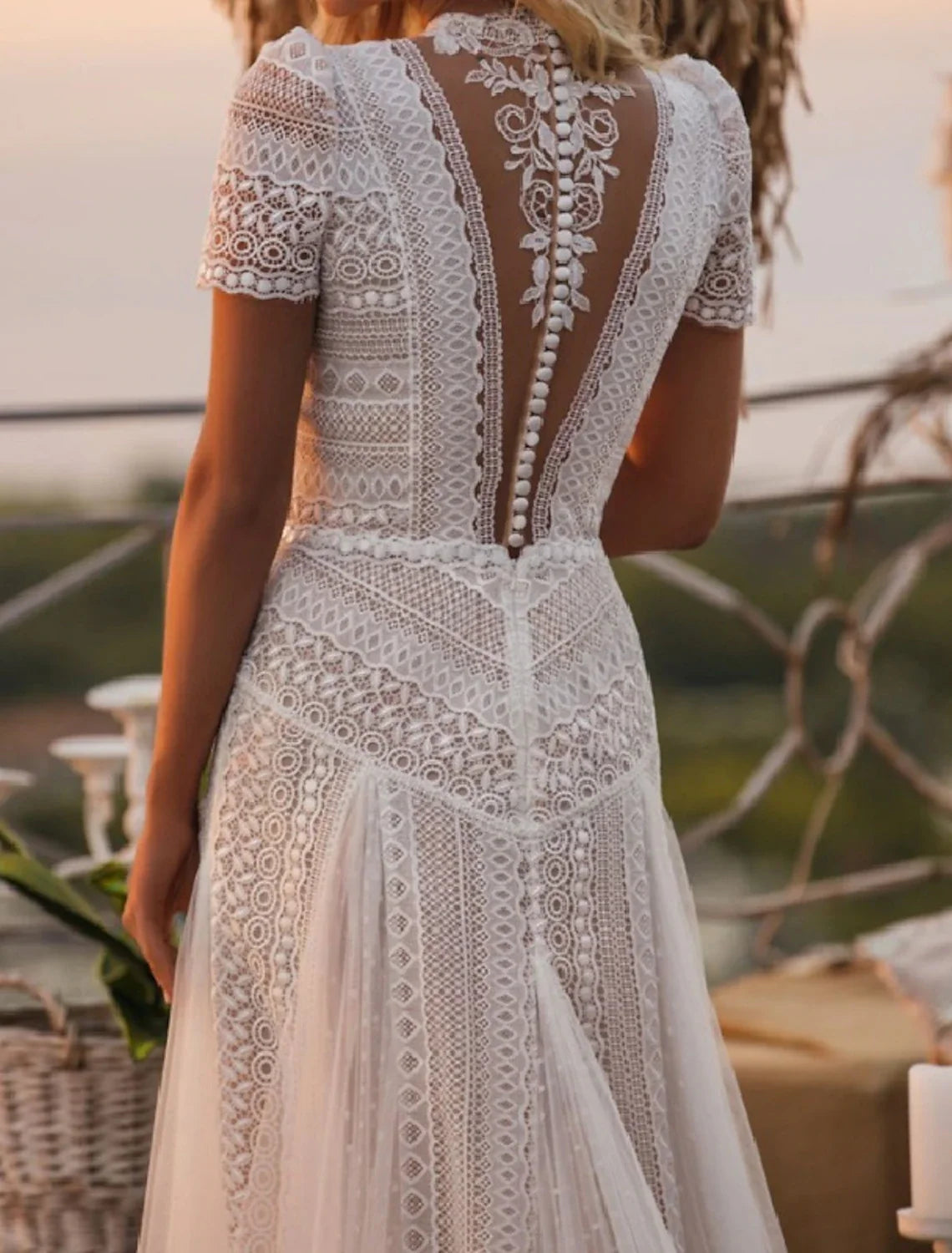 A-Line Illusion Lace Short Sleeve Train Mini Wedding Gown - Chloe Dress