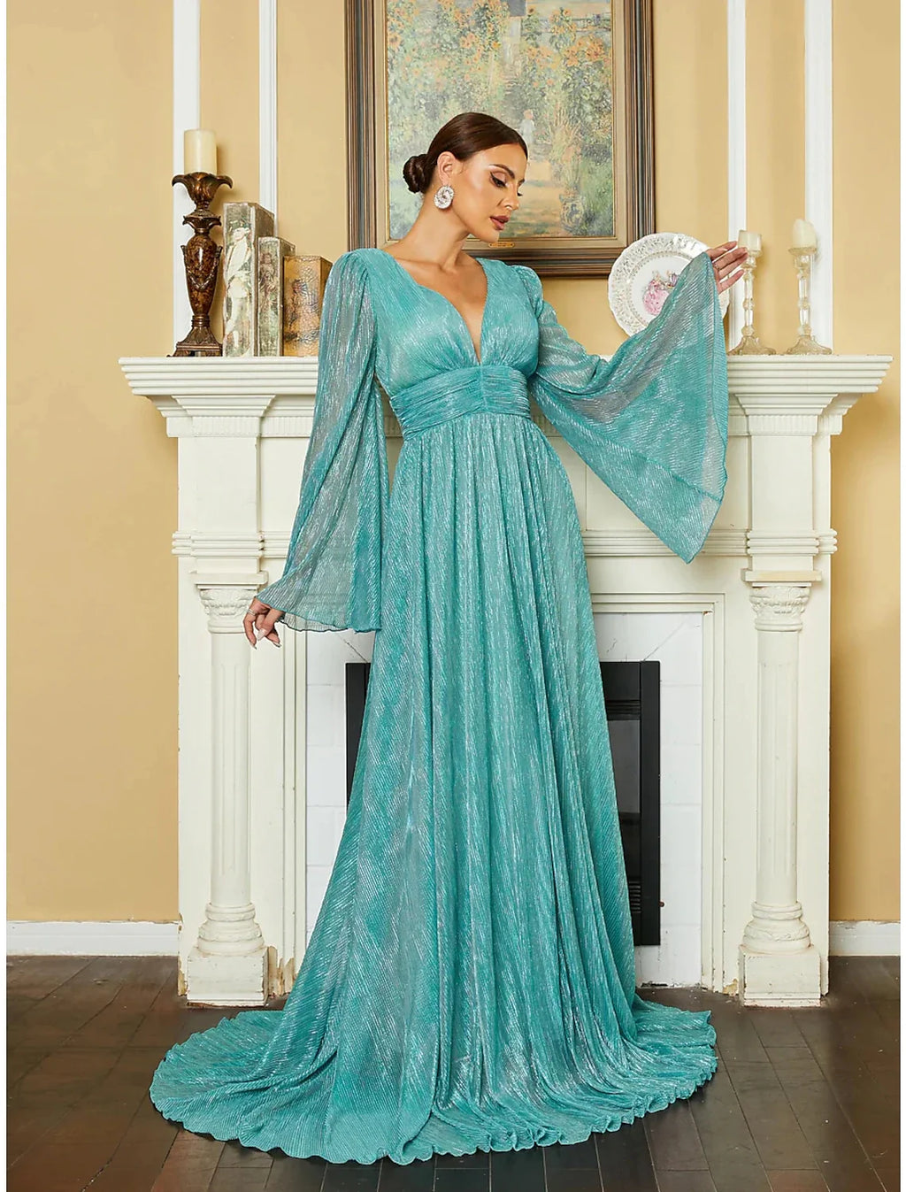 A-Line V-Neck Sequin Long Sleeve Pleated Evening Gown - Chloe Dress