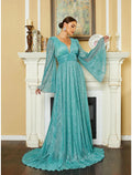 A-Line V-Neck Sequin Long Sleeve Pleated Evening Gown - Chloe Dress