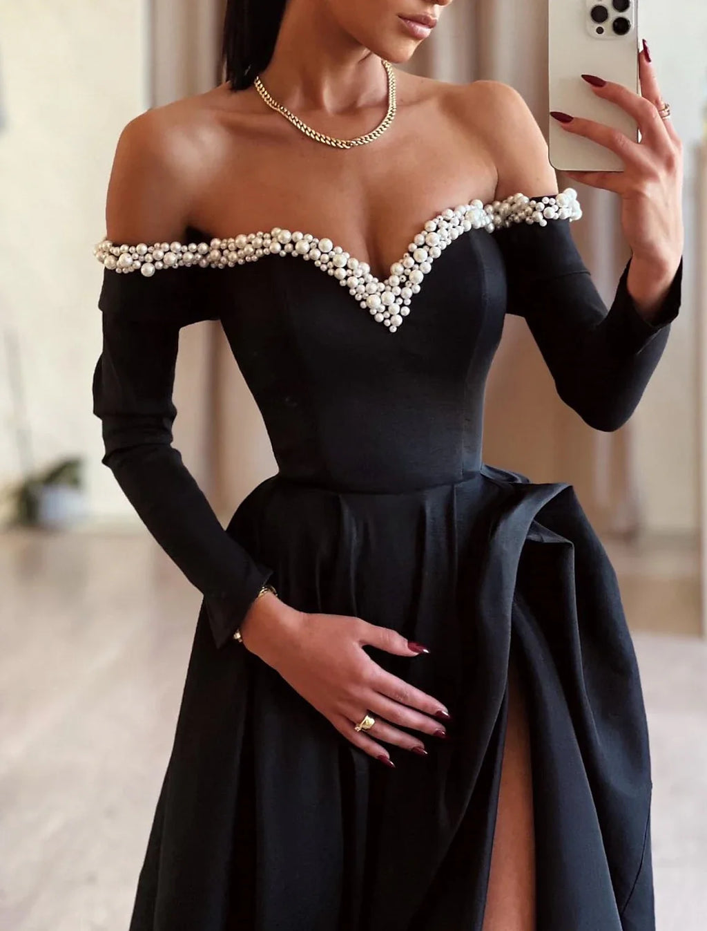 Black A-Line Off-Shoulder Satin Long Sleeve High Slit Evening Gown - Chloe Dress