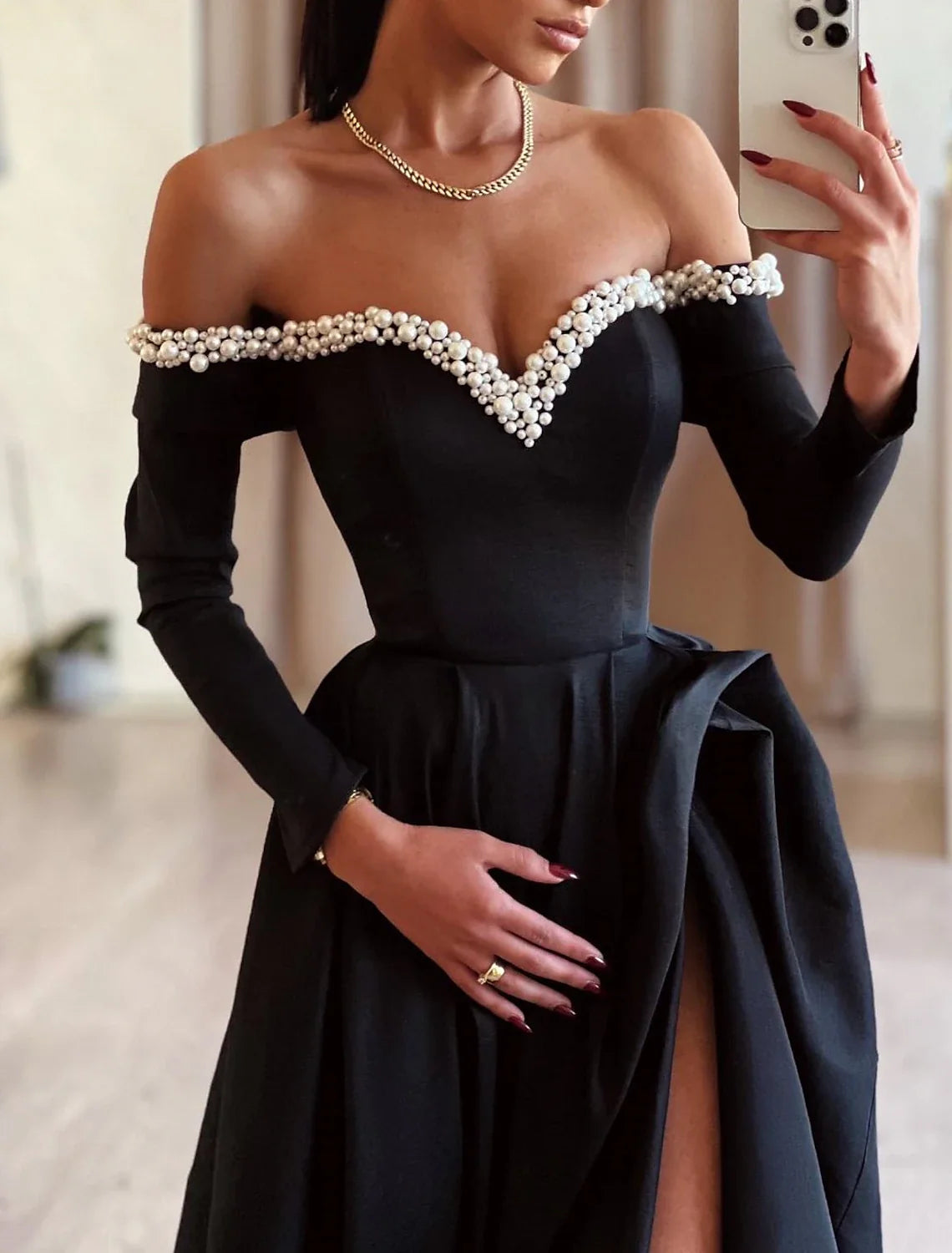 Black A-Line Off-Shoulder Satin Long Sleeve High Slit Evening Gown - Chloe Dress