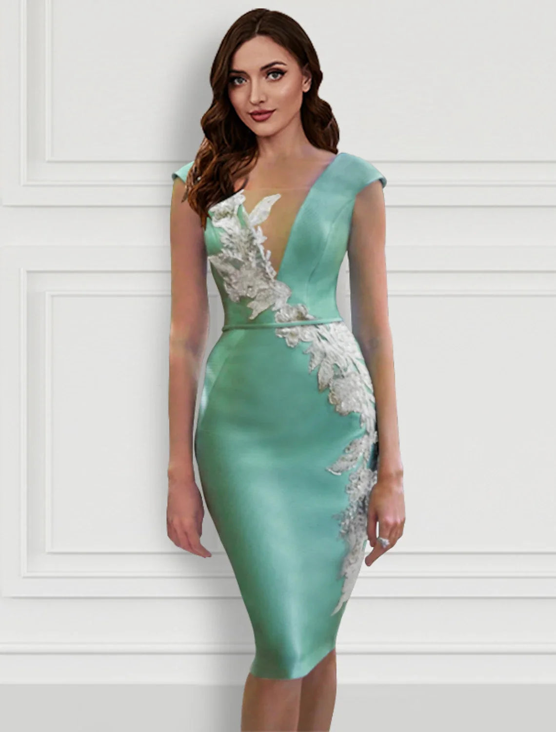 V-Neck Satin Long Sleeve Applique Knee-Length Cocktail Dress - Chloe Dress
