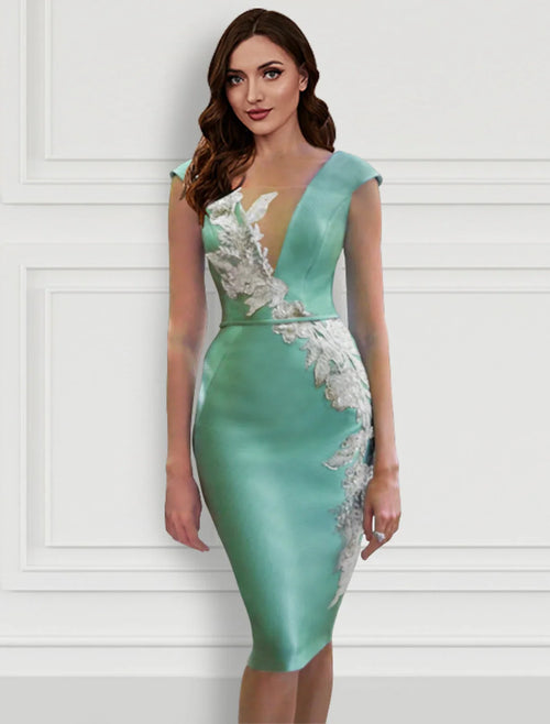 V-Neck Satin Long Sleeve Applique Knee-Length Wedding Dress - Chloe Dress