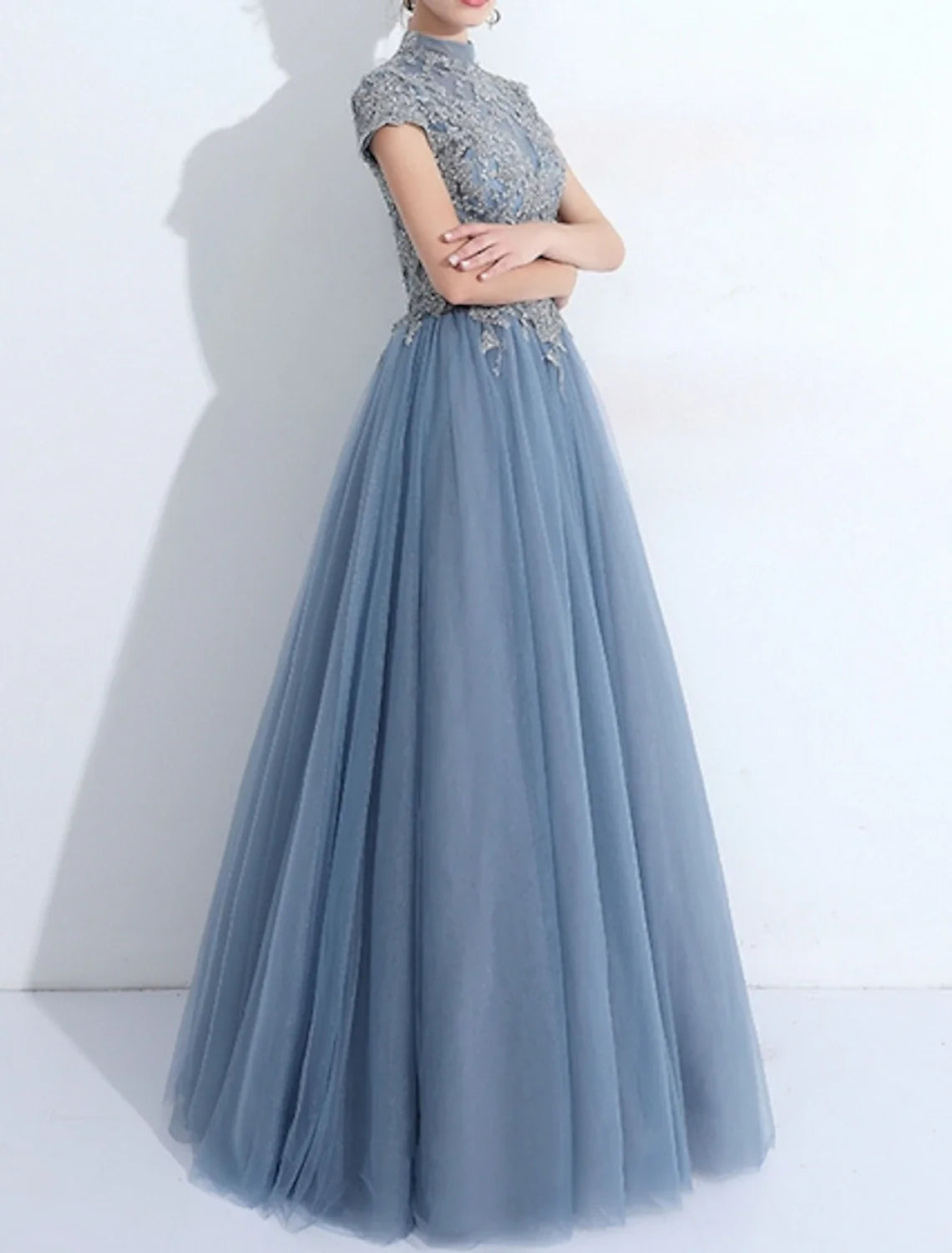 A-Line High Neck Tulle Short Sleeve Pleated Floor-Length Evening Gown - Chloe Dress