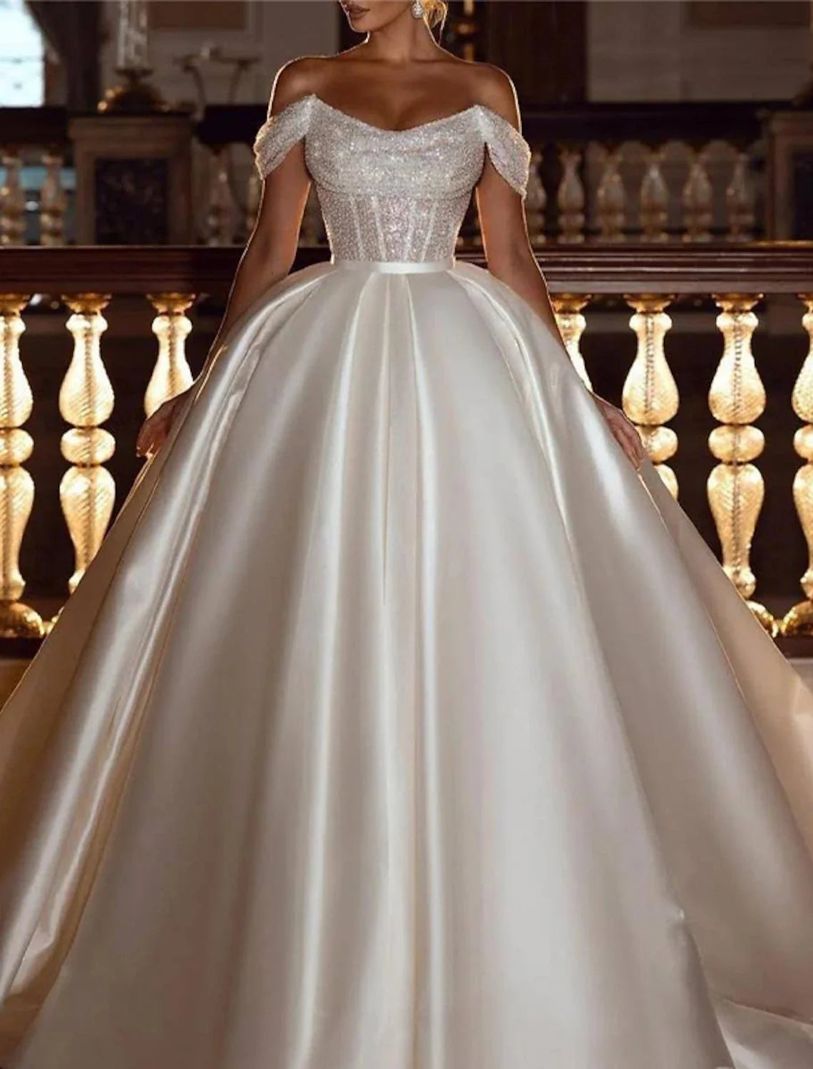 Ball Gown Off-Shoulder Satin Cap Sleeve Train Wedding Gown - Chloe Dress