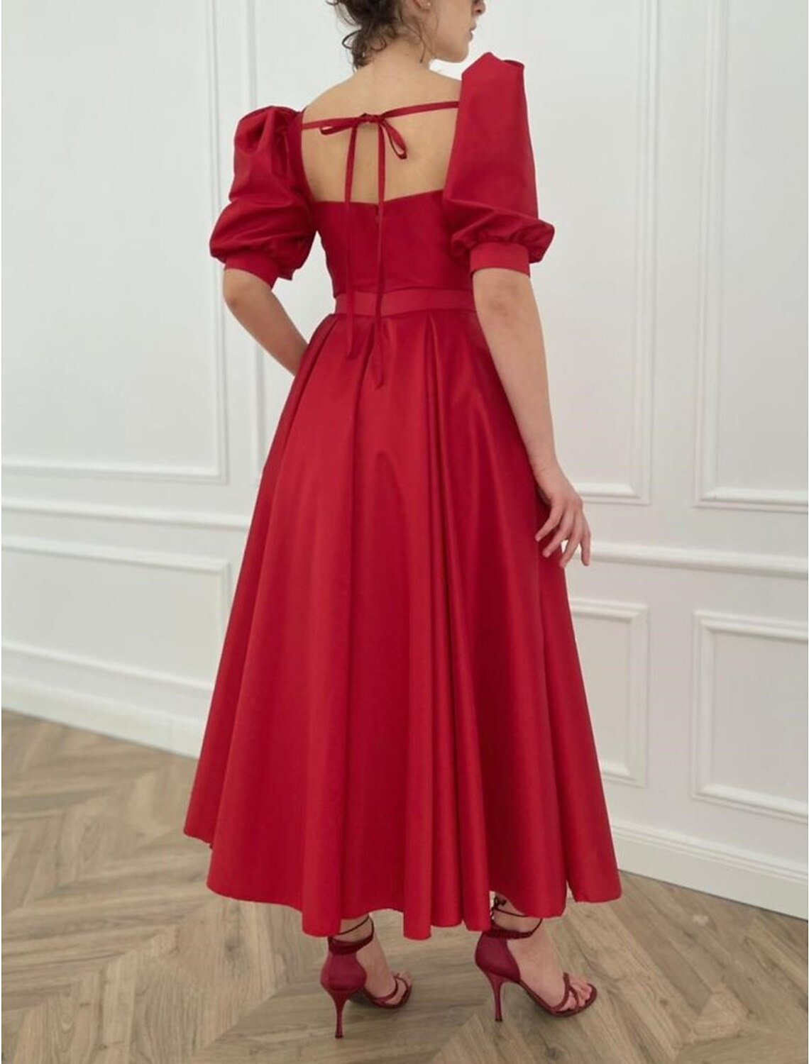 A-Line Square Neck Satin Button Back High Slit Tea-Length Wedding Dress - Chloe Dress