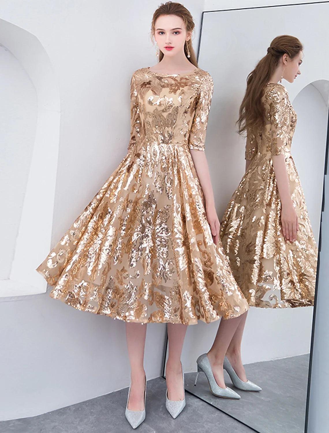 A-Line Sequin Tea-Length Wedding Dress - Chloe Dress