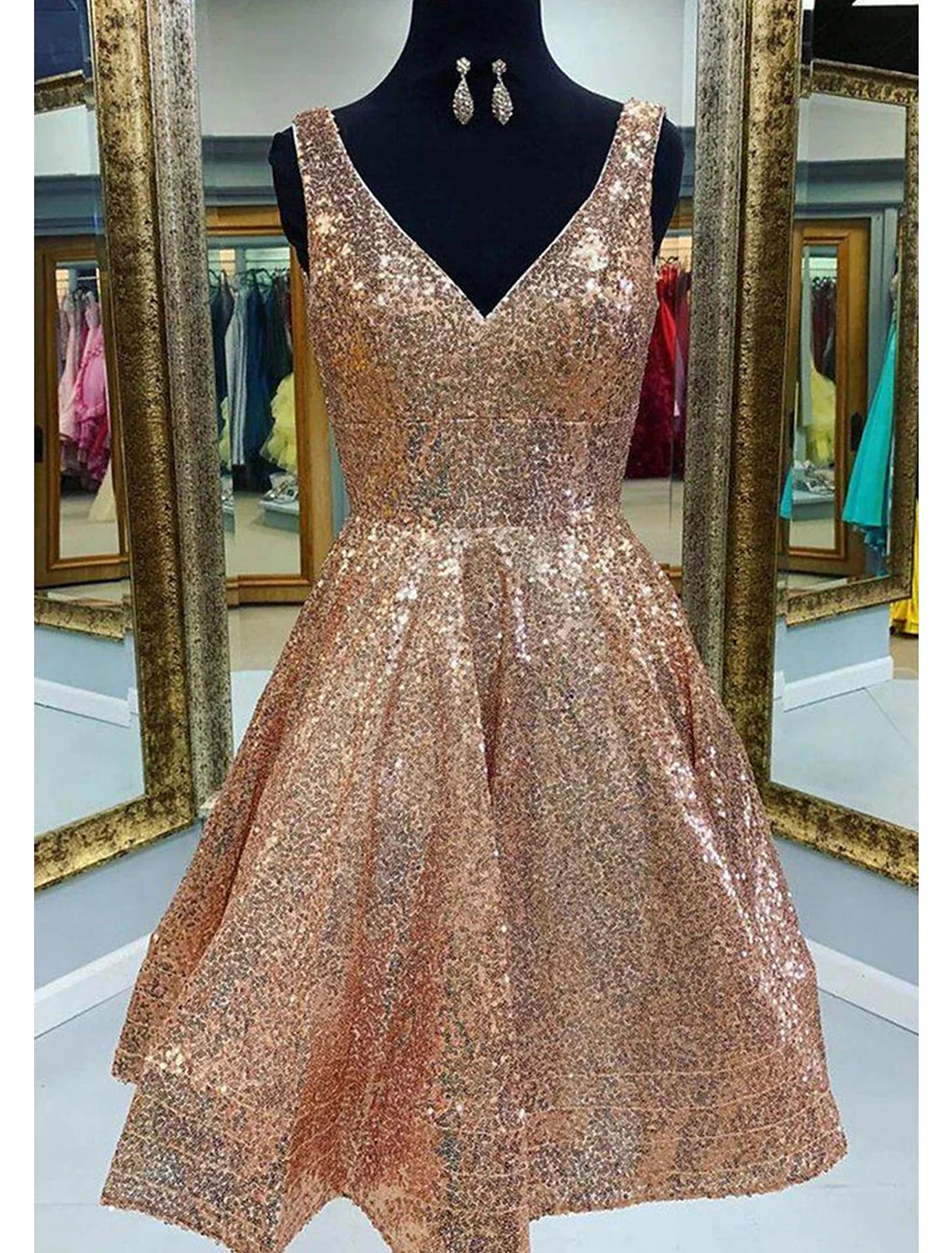Pink A-Line V-Neck Sequin Sleeveless Tea-Length Party Dress - Chloe Dress