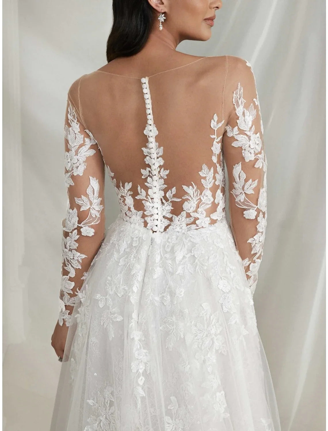 A-Line V-Neck Lace Long Sleeve Pleated Wedding Gown - Chloe Dress