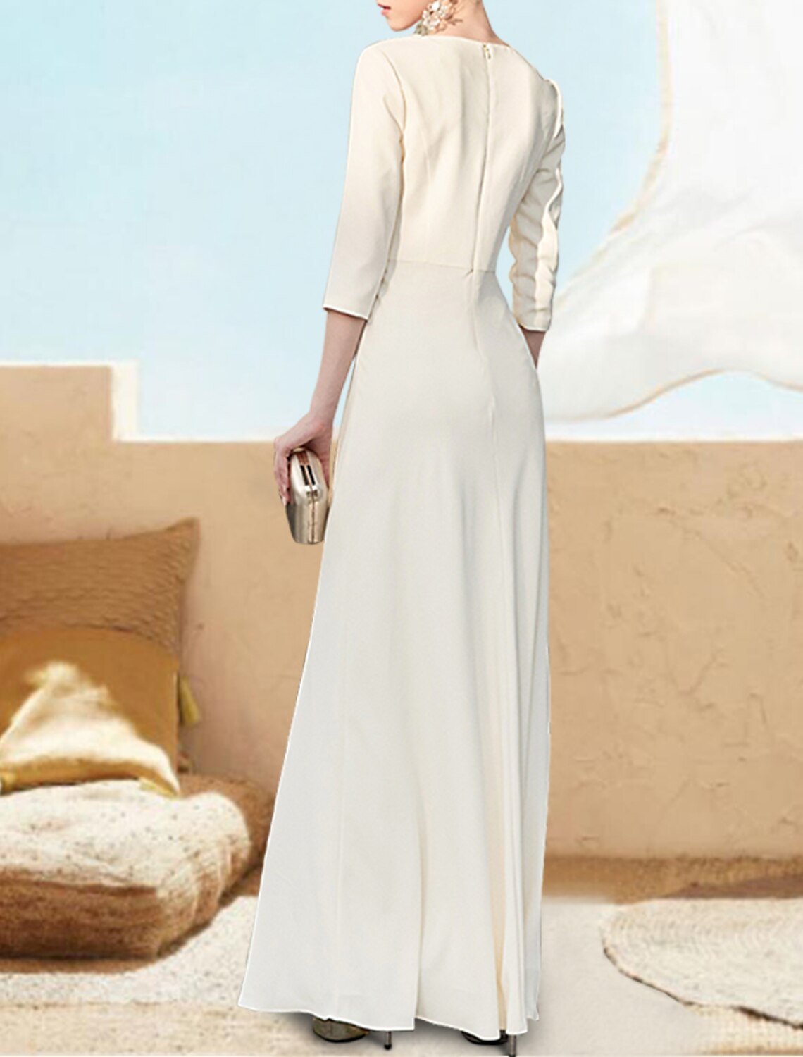 A-Line V-Neck Chiffon Three-Quarter Sleeve Applique Floor-Length Evening Gown - Chloe Dress