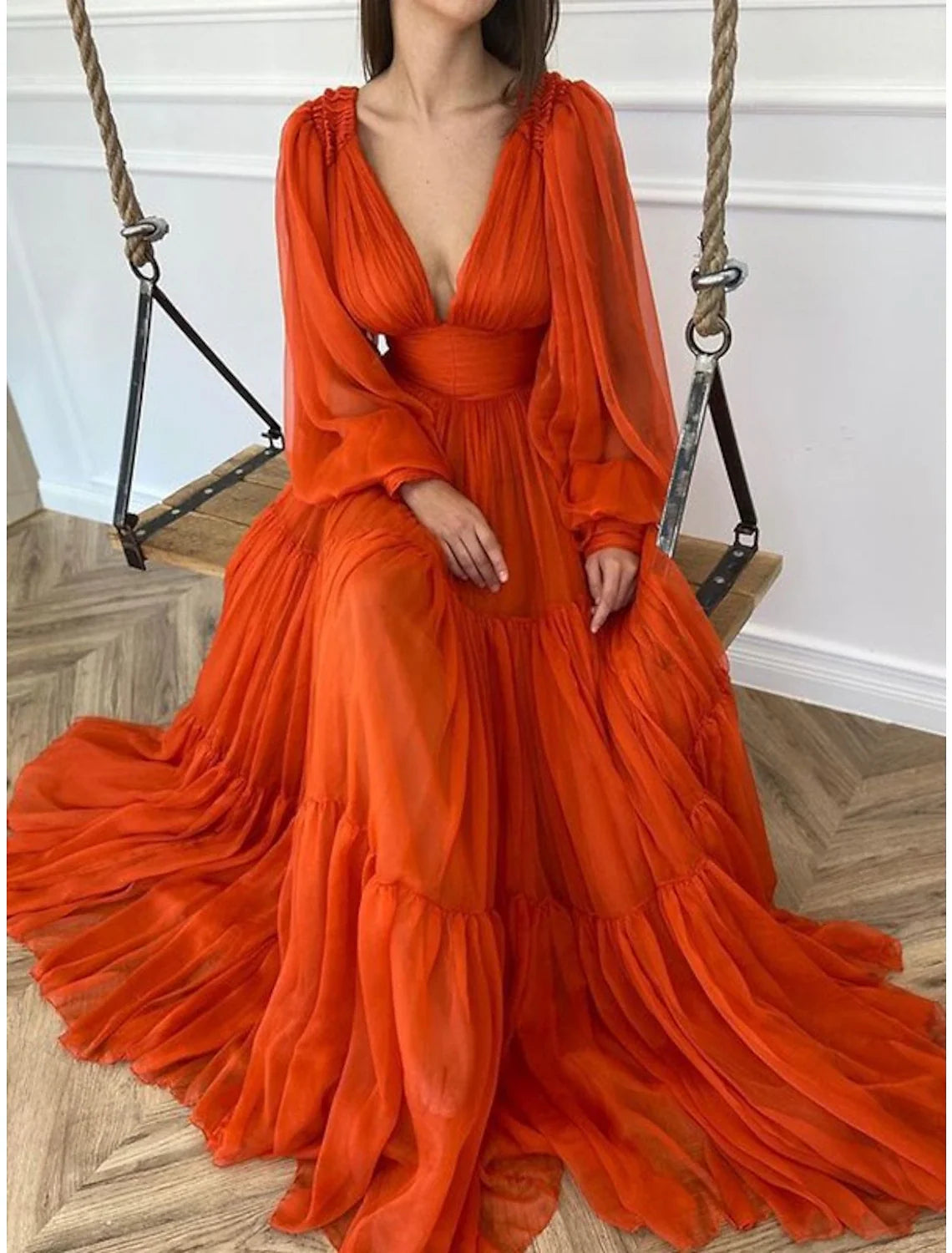 Green A-Line V-Neck Chiffon Long Sleeve Floor-Length Evening Gown - Chloe Dress