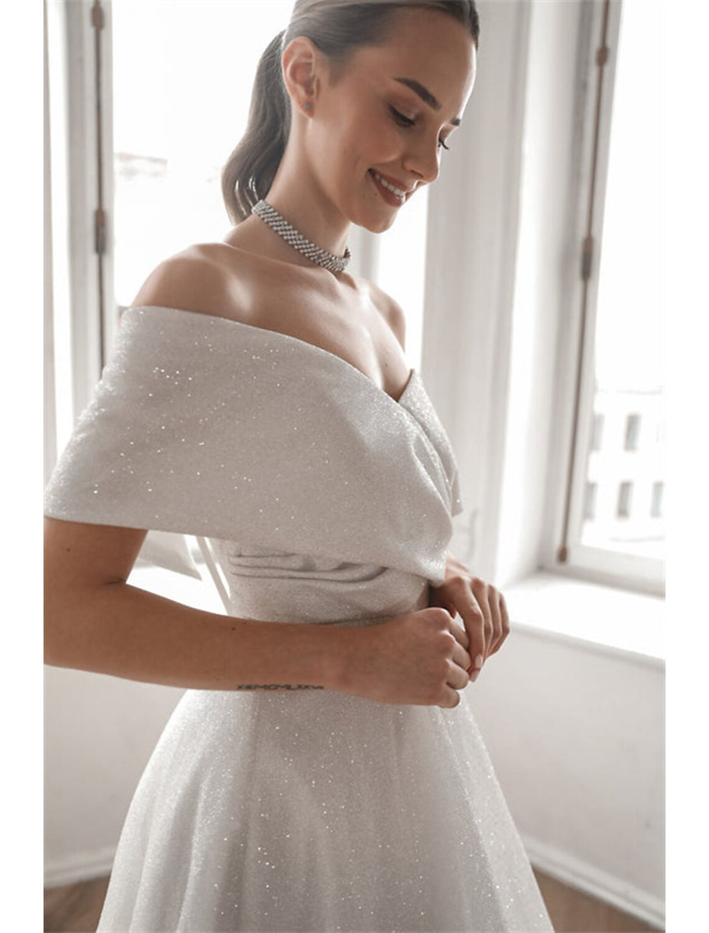 A-Line Off-Shoulder Sequin Cap Sleeve Train Wedding Gown - Chloe Dress