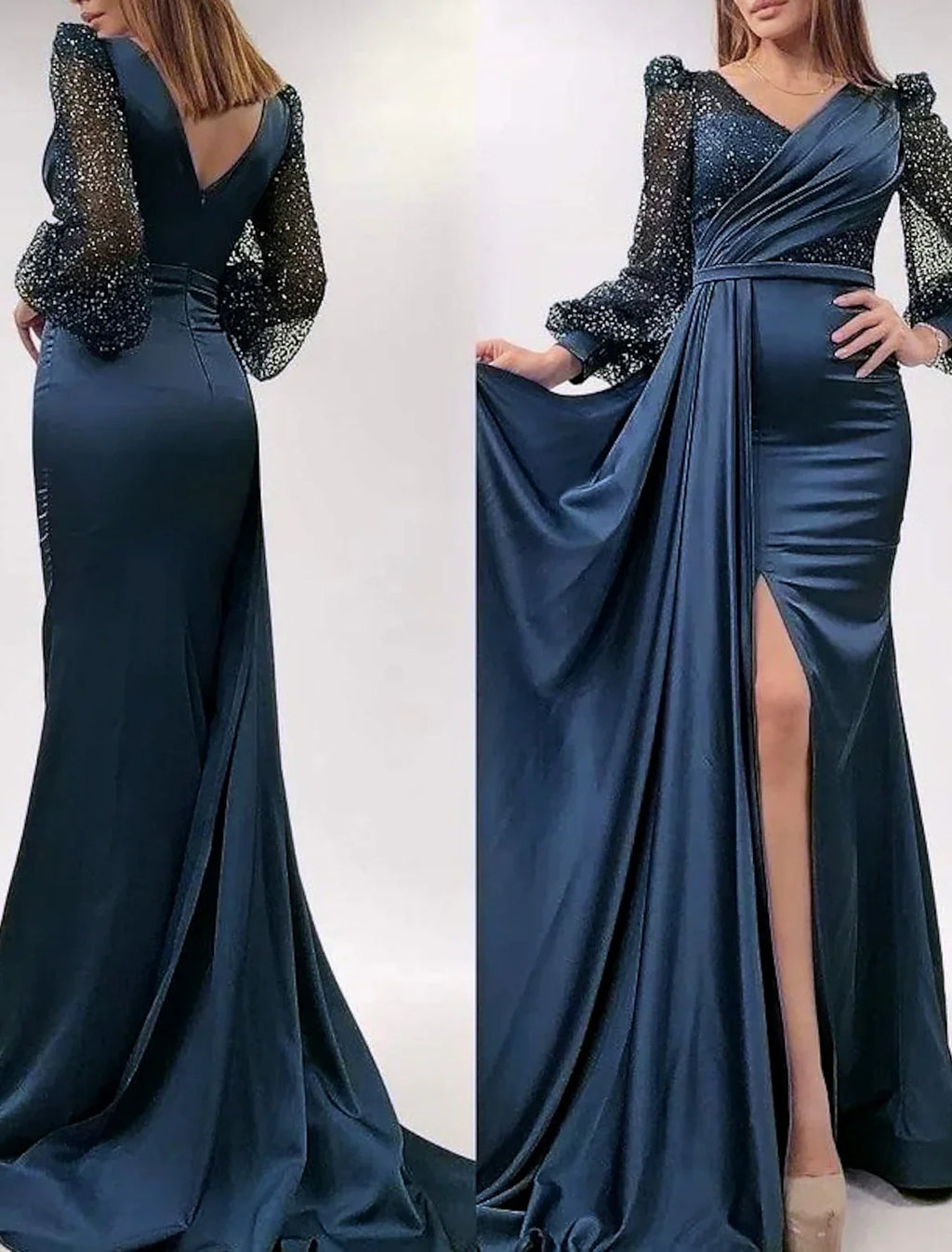 Champagne Mermaid V-Neck Satin Long Sleeve Button Back Floor-Length Evening Gown - Chloe Dress