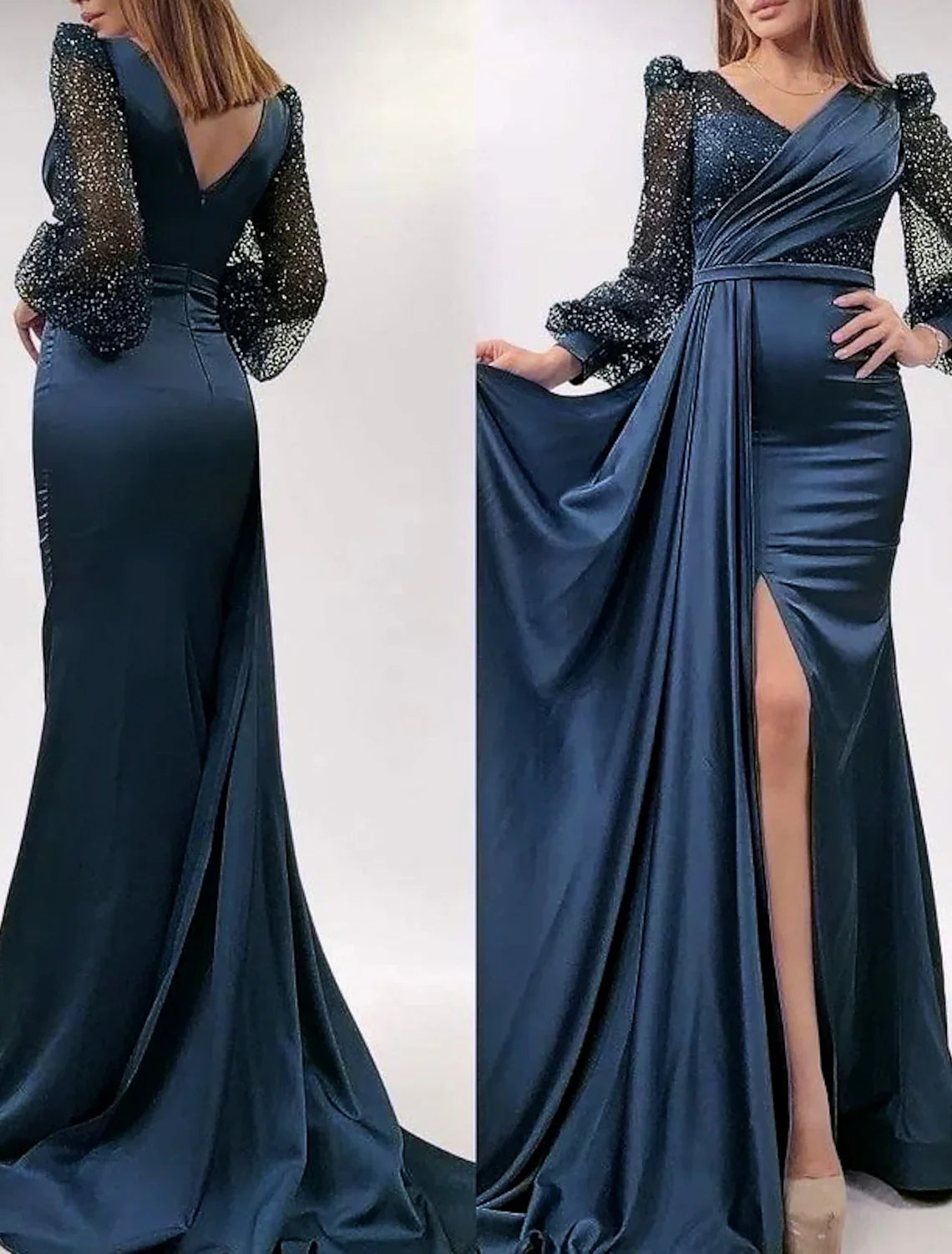 Champagne Mermaid V-Neck Satin Long Sleeve Button Back Floor-Length Evening Gown - Chloe Dress