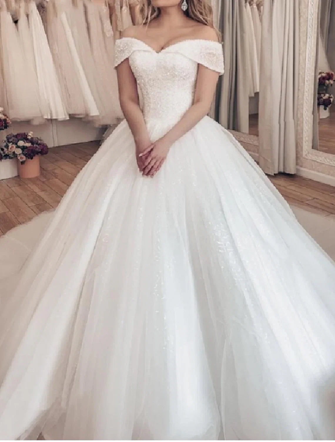 Ball Gown Off-Shoulder Tulle Cap Sleeve Pleated Wedding Gown - Chloe Dress