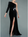 A-Line One-Shoulder Velvet Long Sleeve Pleated Evening Gown - Chloe Dress