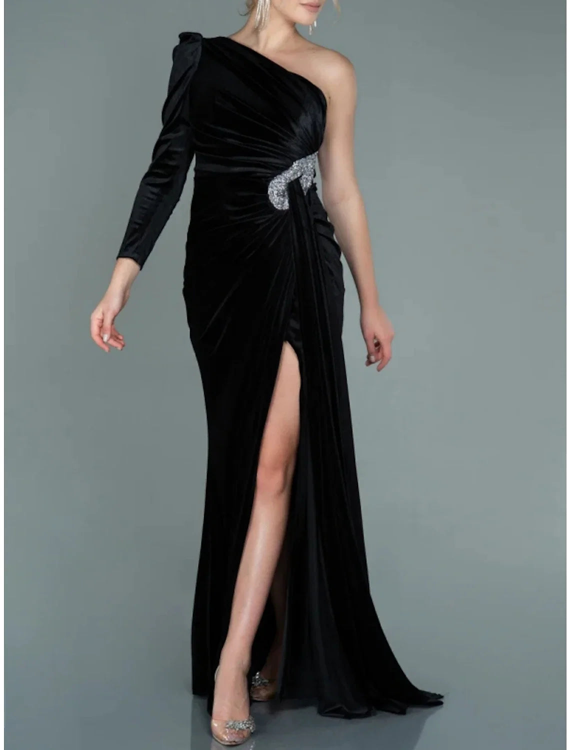 A-Line One-Shoulder Velvet Long Sleeve Pleated Evening Gown - Chloe Dress