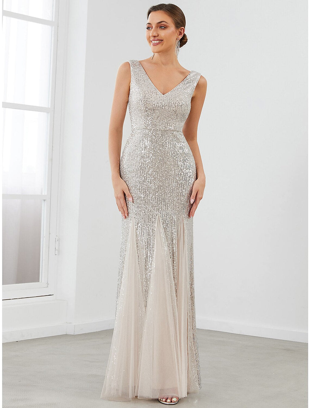 Mermaid V-Neck Sequin Sleeveless Floor-Length Evening Gown - Chloe Dress