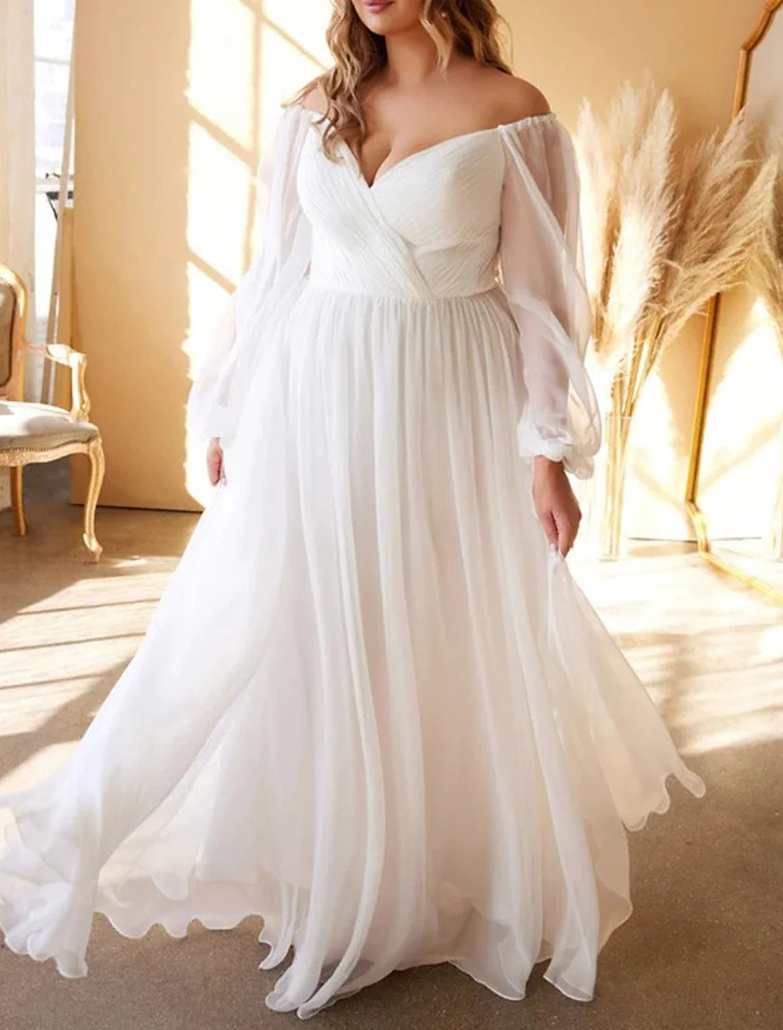 A-Line Off-Shoulder Chiffon Long Sleeve Pleated Floor-Length Wedding Gown - Chloe Dress