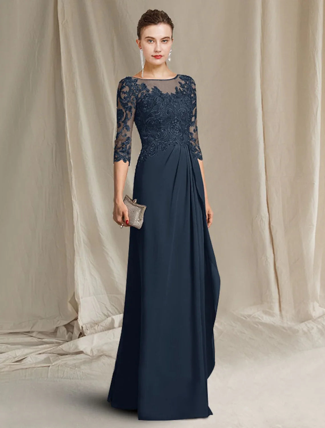 Sheath Chiffon Three-Quarter Sleeve Ruffled Floor-Length Dress - Chloe Dress