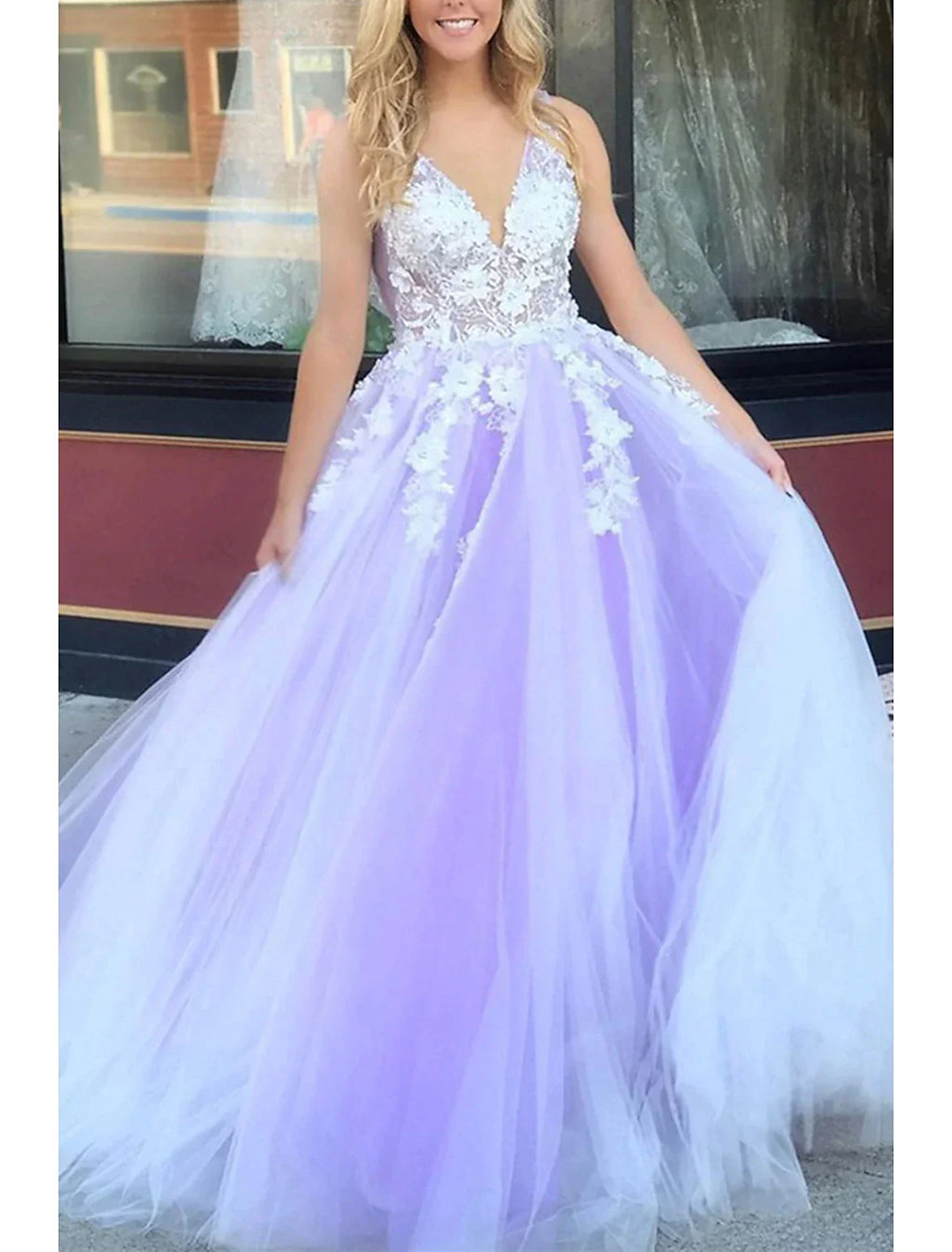 A-Line V-Neck Tulle Sleeveless Backless Applique Floor-Length Prom Gown - Chloe Dress