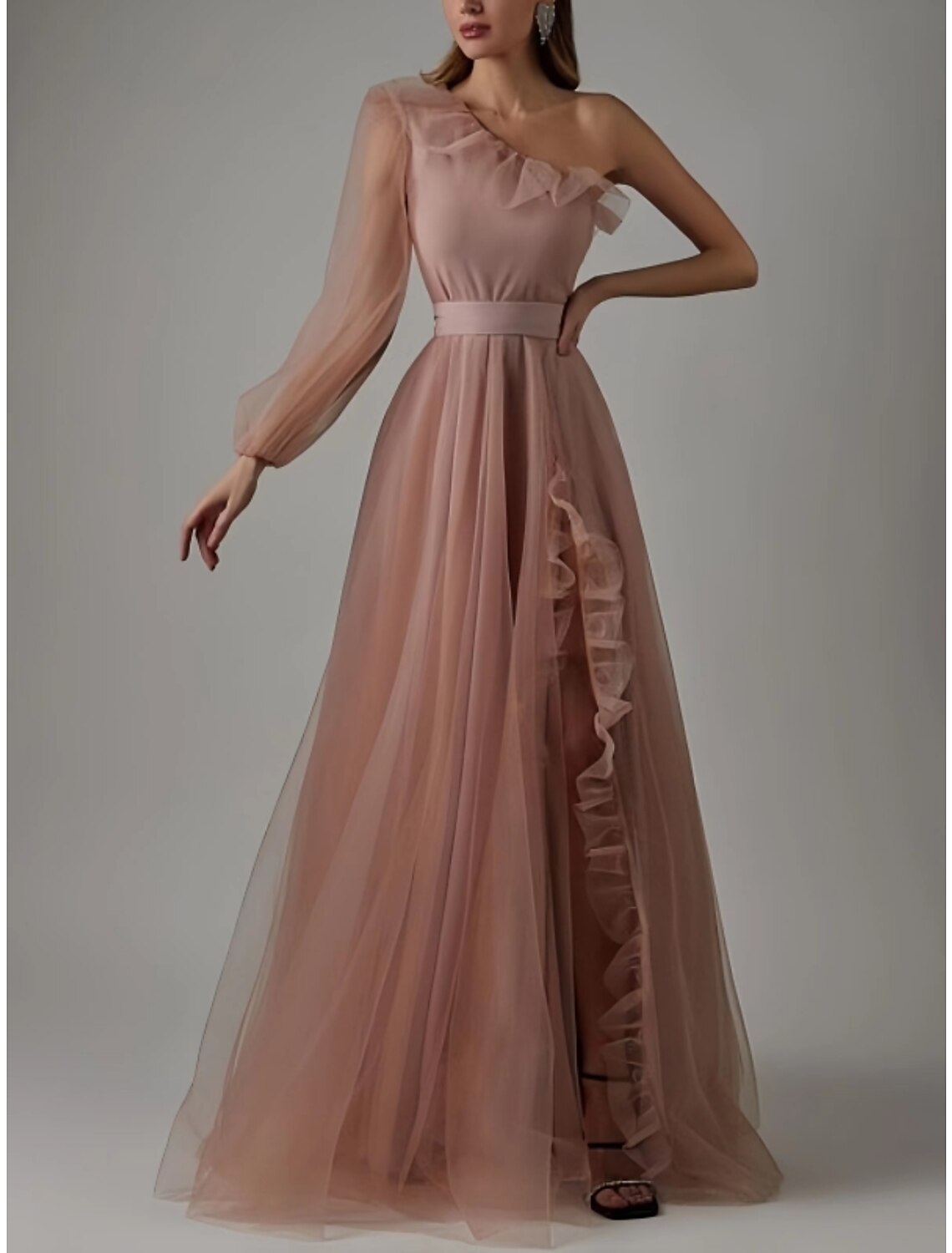 Sheath One-Shoulder Tulle Long Sleeve High Slit Floor-Length Prom Dress - Chloe Dress