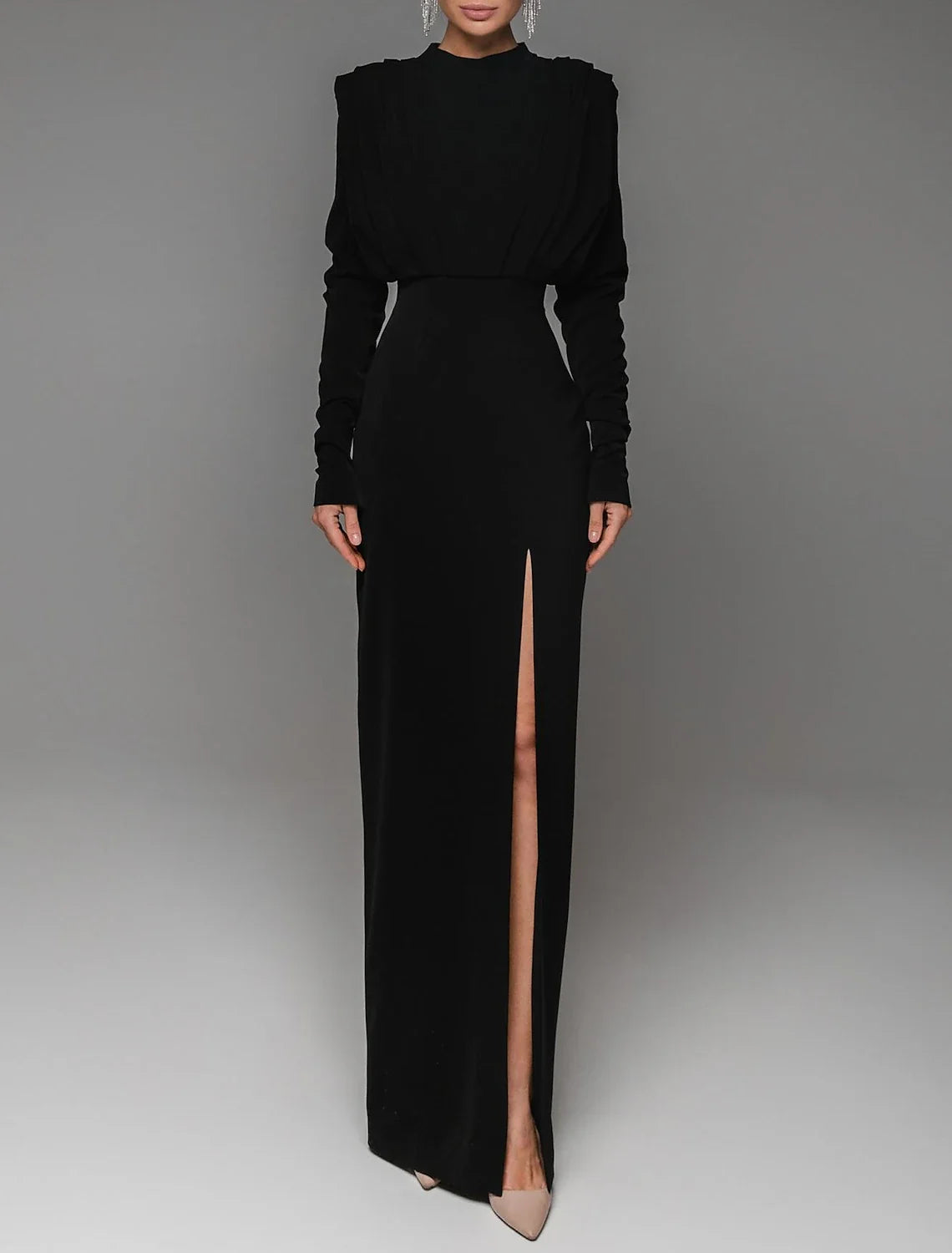 Green Sheath High Neck Long Sleeve High Slit Floor-Length Evening Gown - Chloe Dress