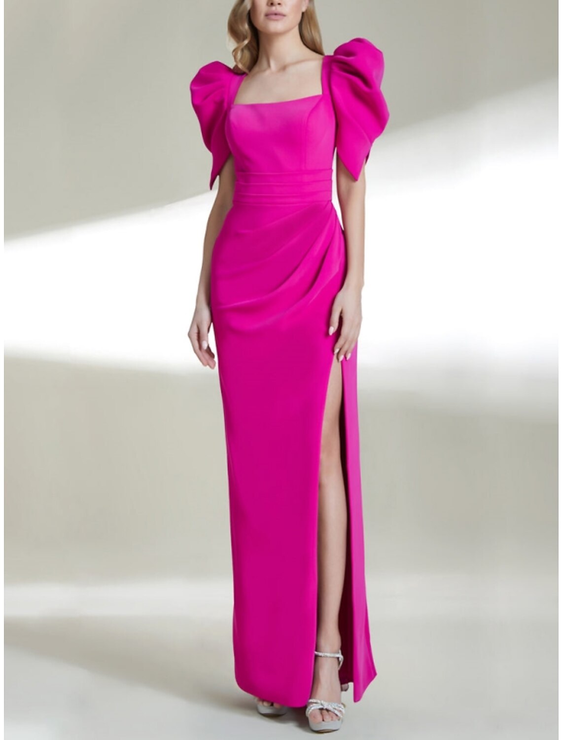 A-Line Square Neck Short Sleeve High Slit Mini Evening Gown - Chloe Dress