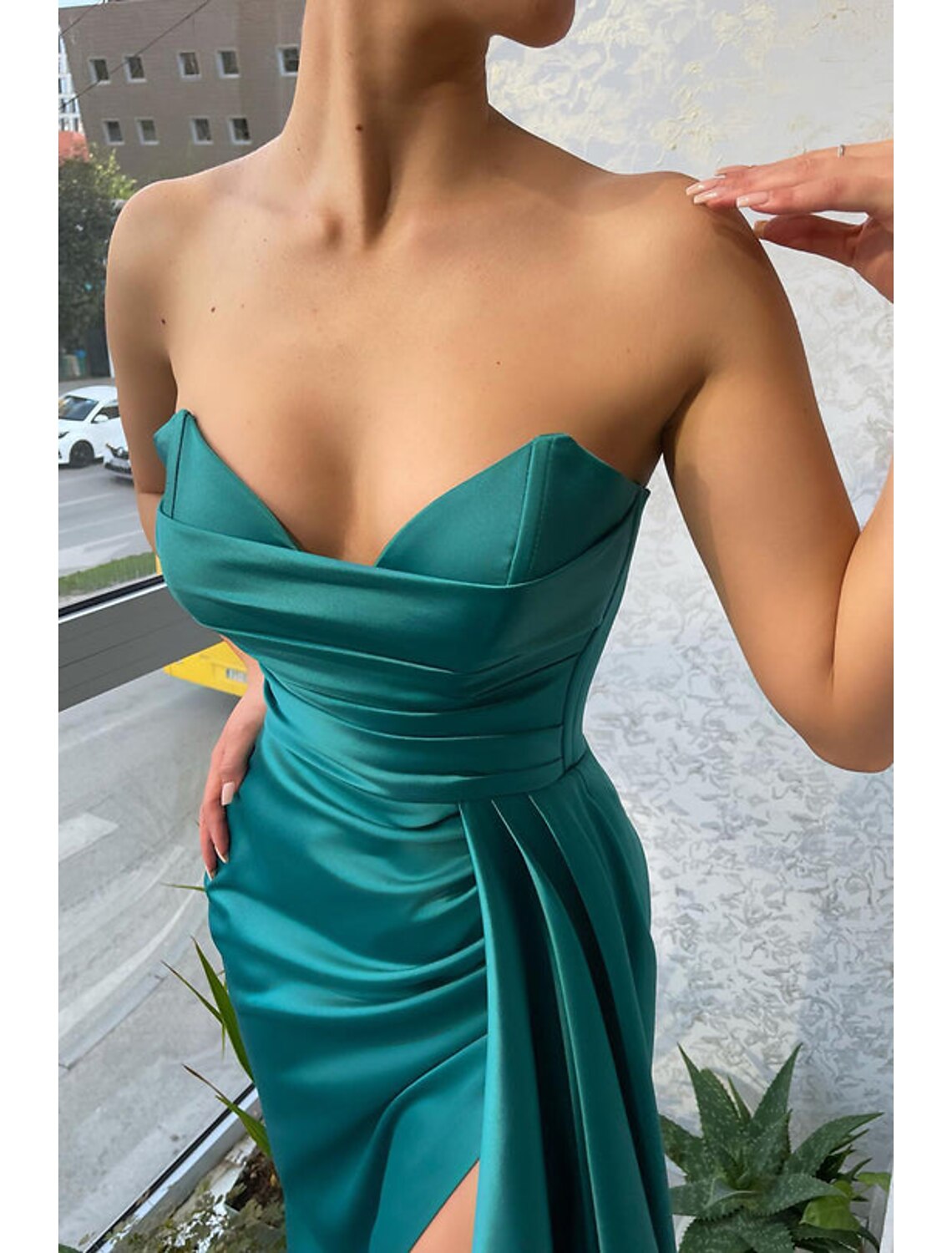 Mermaid Strapless Satin Sleeveless High Slit Evening Gown - Chloe Dress