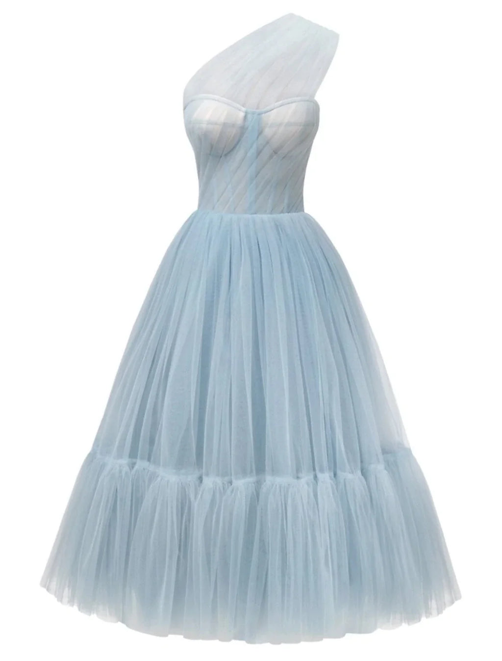 A-Line One-Shoulder Tulle Sleeveless Pleated Tea-Length Prom Dress - Chloe Dress