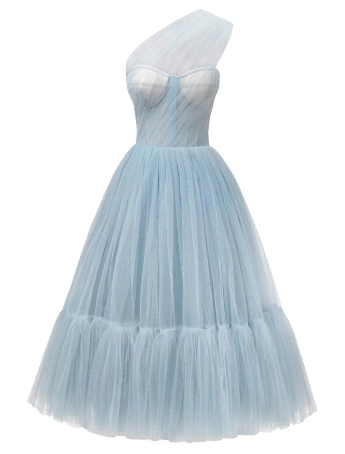 A-Line One-Shoulder Tulle Sleeveless Pleated Tea-Length Prom Dress - Chloe Dress