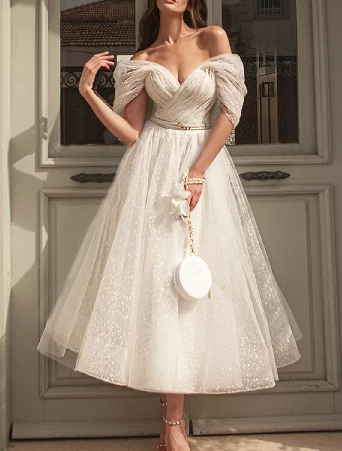Black A-Line Off-Shoulder Sequin Short Sleeve Mini Wedding Dress - Chloe Dress