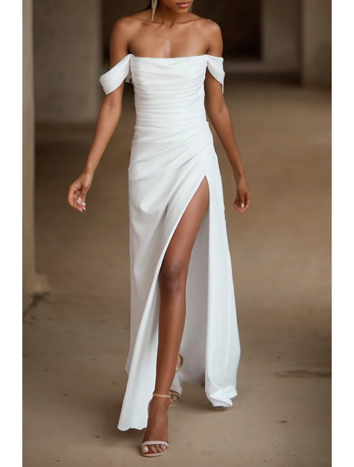 White Sheath Off-Shoulder Satin Sleeveless Train Wedding Gown - Chloe Dress
