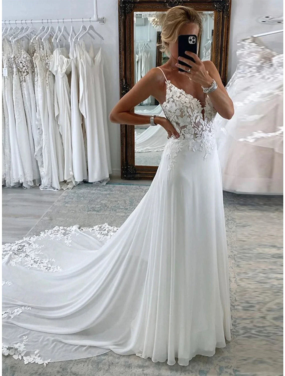 A-Line Chiffon Sleeveless Train Wedding Gown - Chloe Dress