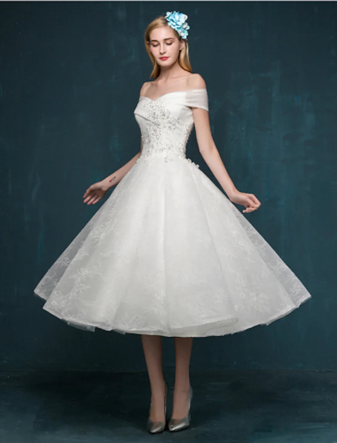 White A-Line Off-Shoulder Lace Cap Sleeve Tea-Length Wedding Gown - Chloe Dress
