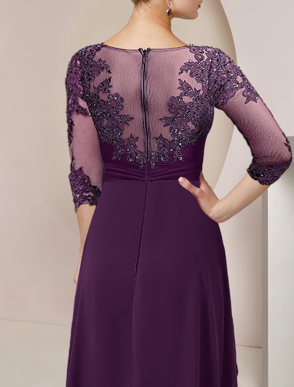 A-Line High Neck Chiffon Three-Quarter Sleeve Asymmetric Floor-Length Wedding Dress - Chloe Dress