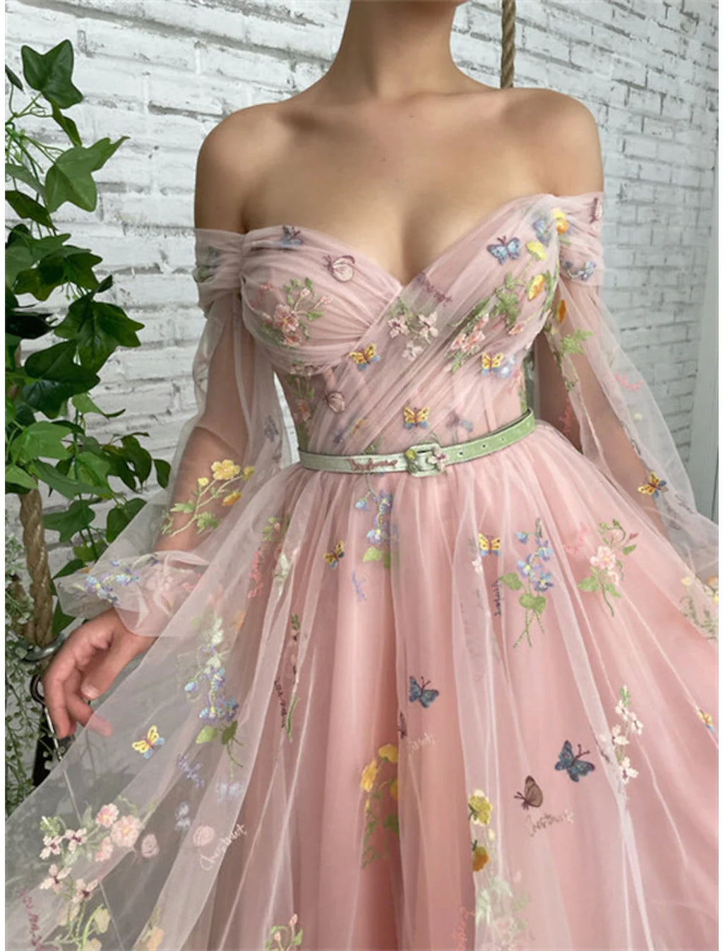 A-Line Off-Shoulder Lace Long Sleeve Applique Ankle-Length Prom Dress - Chloe Dress